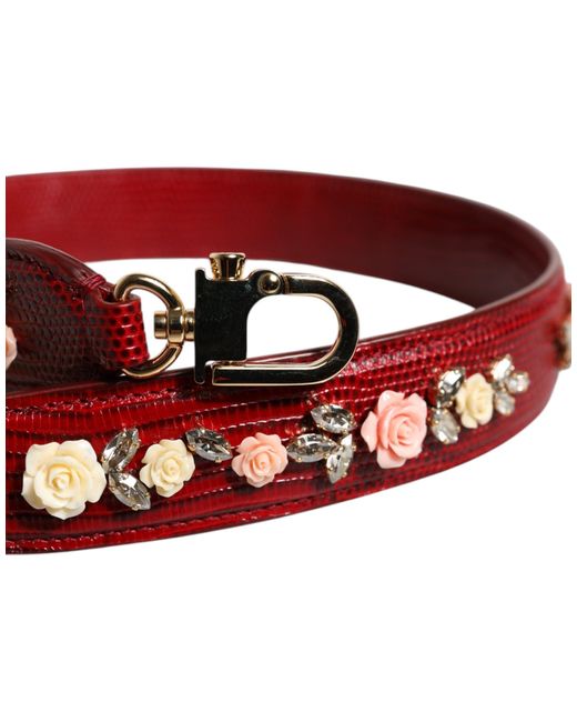 Dolce & Gabbana Red Leather Floral Embellish Bag Shoulder Strap