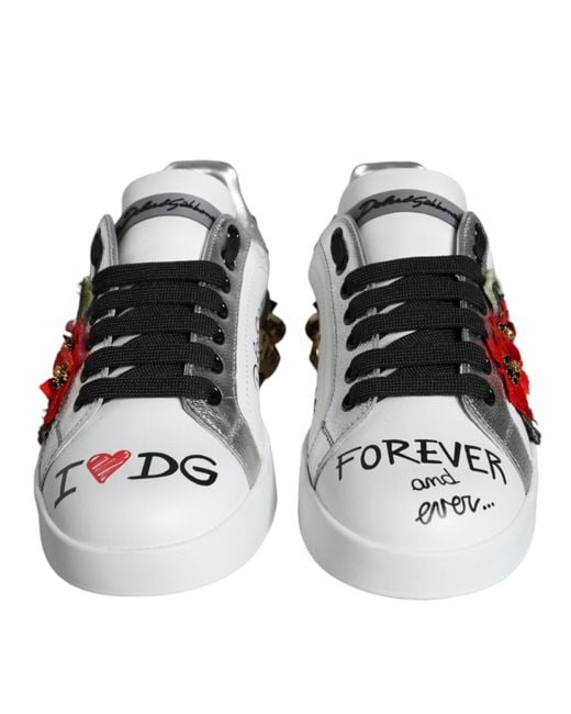 Dolce & Gabbana Black Leather Floral Studded Sneakers Shoes
