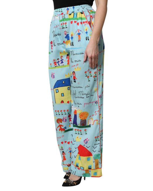 Dolce & Gabbana Blue Drawing Mid Waist Wide Leg Pants