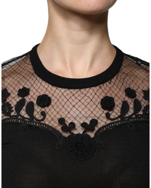 Dolce & Gabbana Black Floral Lace Short Sleeves Blouse Top