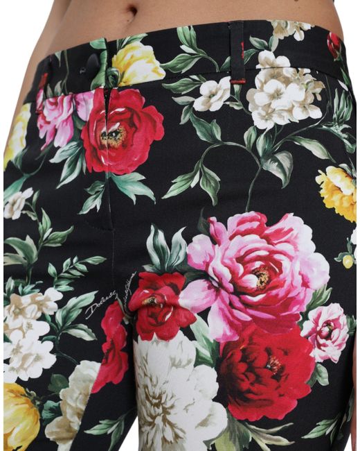 Dolce & Gabbana Black Floral Print Mid Waist Cropped Pants