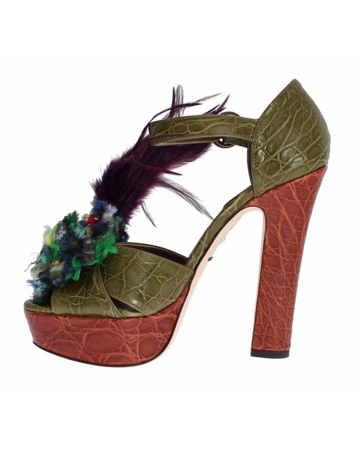 Dolce & Gabbana Green Leather Crystal Platform Sandal Shoes