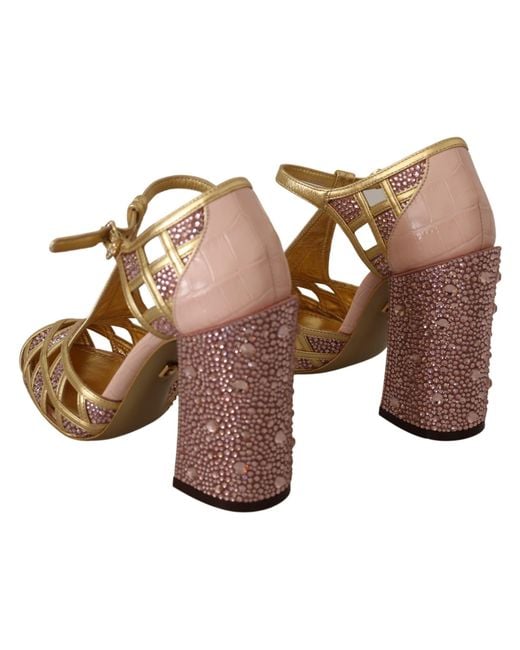 Dolce & Gabbana Brown Leather Crystal Pumps T-Strap Shoes