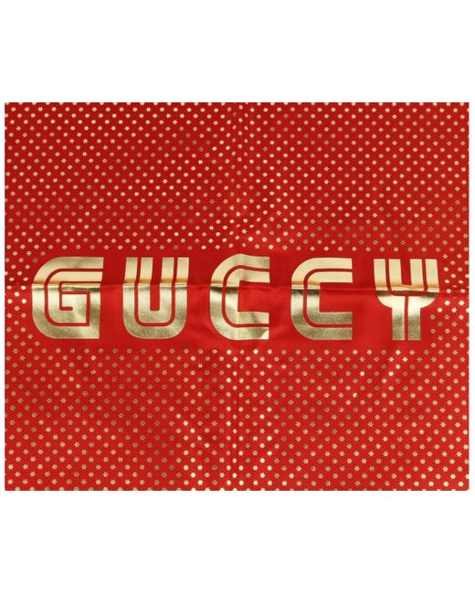 Gucci Red Silk With Star Print And "Guccy" Logo Scarf