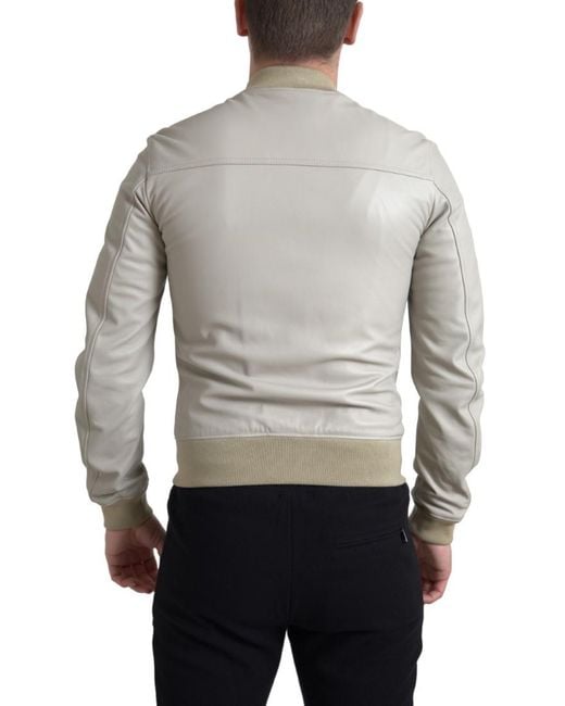 Dolce & Gabbana Gray Leather Bomber Blouson Full Zip Jacket for men