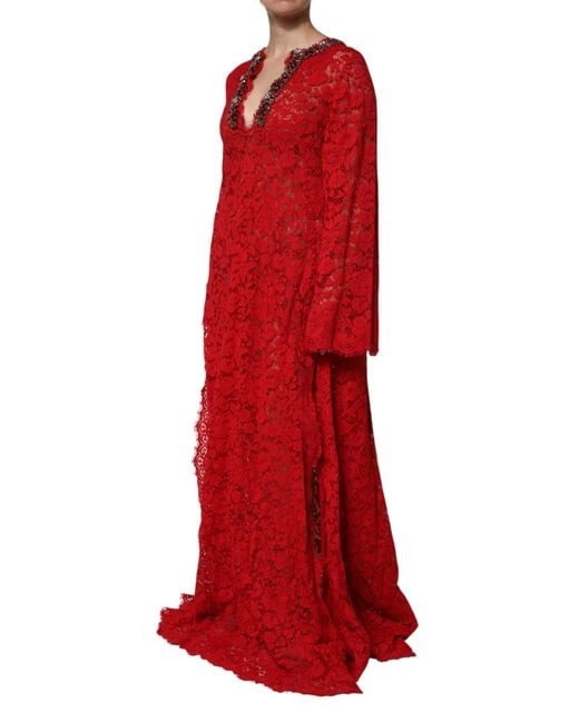 Dolce & Gabbana Red Floral Lace Rhinestone Embellished Dress