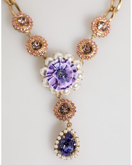 Dolce & Gabbana White Brass Crystal Pearl Floral Pendant Jewelry Necklace