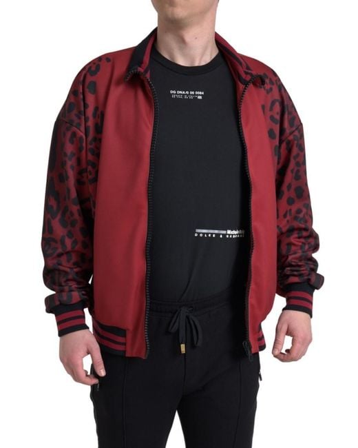 Dolce & Gabbana Red Leopard Polyester Bomber Full Zip Jacket for men