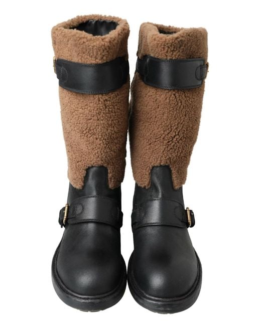 Dolce & Gabbana Black Leather Shearling Boots Elastane for men