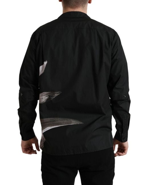 Dolce & Gabbana Black Floral Cotton Collared Long Sleeves Shirt for men