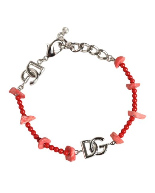 Dolce & Gabbana Red Tone Brass Beaded Resin Dg Logo Chain Bracelet