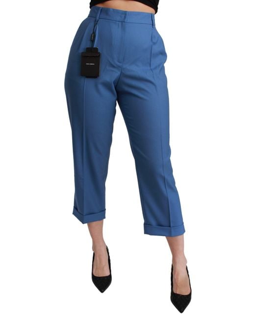 Dolce & Gabbana Blue Pleated Wool Cuffed Cropped Trouser Pants