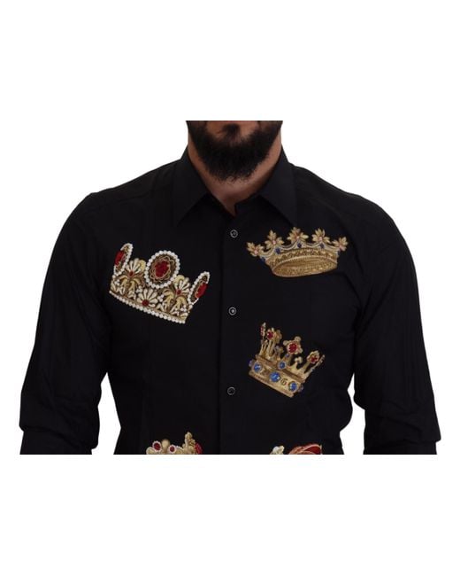 Dolce Gabbana Gold Crown Slim Fit Dress Formal Shirt in Black