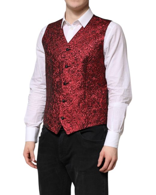 Dolce & Gabbana Red Floral Brocade Formal Waistcoat Vest for men