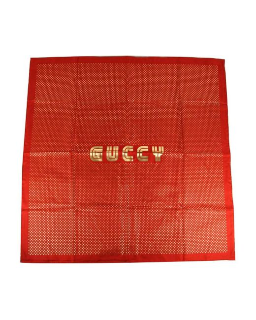 Gucci Red Silk With Star Print And "Guccy" Logo Scarf