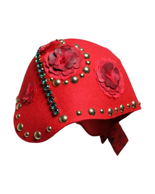 Dolce & Gabbana Red Crystal Roses Brooch Embellished Hat