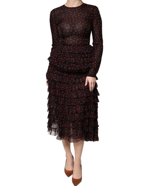 Dolce & Gabbana Black Red Polka Dot Silk Layered Midi Dress
