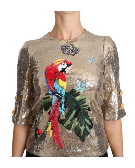 Dolce & Gabbana Brown Sequined Parrot Crystal Blouse Elastane