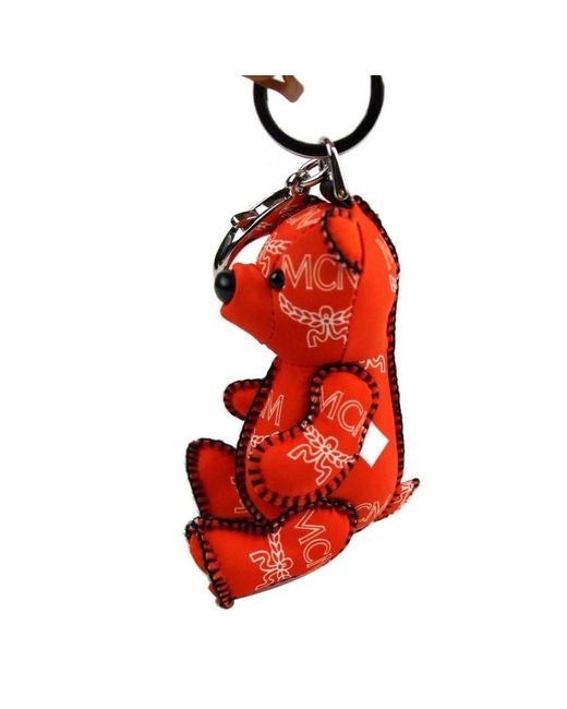 MCM Red Nylon Bear Charm With Key Ring And Logo Print