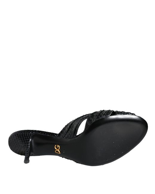 Dolce & Gabbana Black Leather Heels Slides Sandals Shoes Python