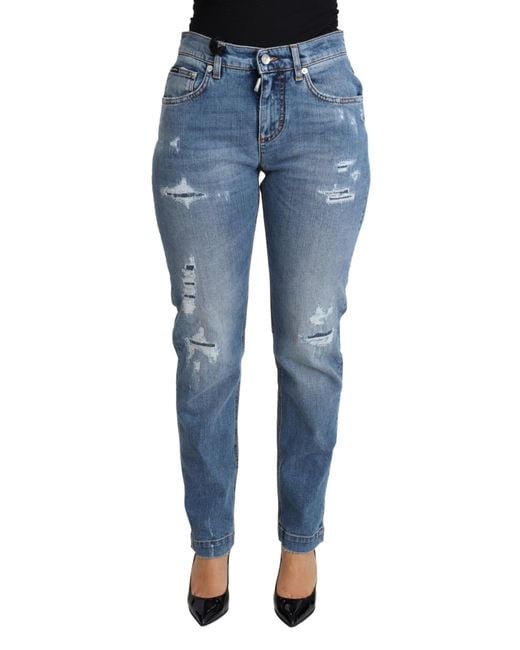 Dolce & Gabbana Blue Tattered Skinny Denim Cotton Blend Jeans