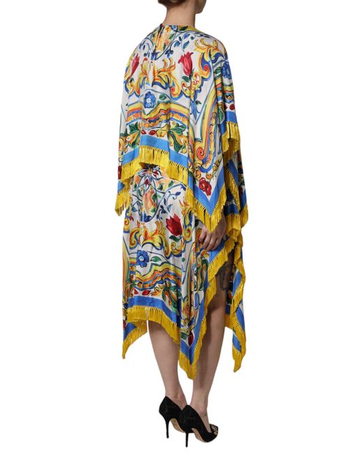 Dolce & Gabbana Blue Majolica Print Fringed Midi Dress