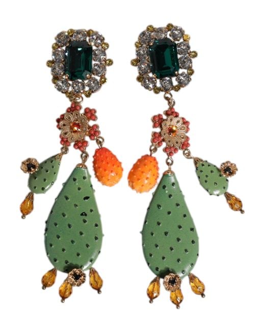 Dolce & Gabbana Green Cactus Crystal Clip On Dangling Jewelry Earrings
