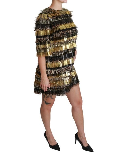 Dolce & Gabbana Dolce Gabbana Polyester Black Gold Leopard Shift Mini Dress