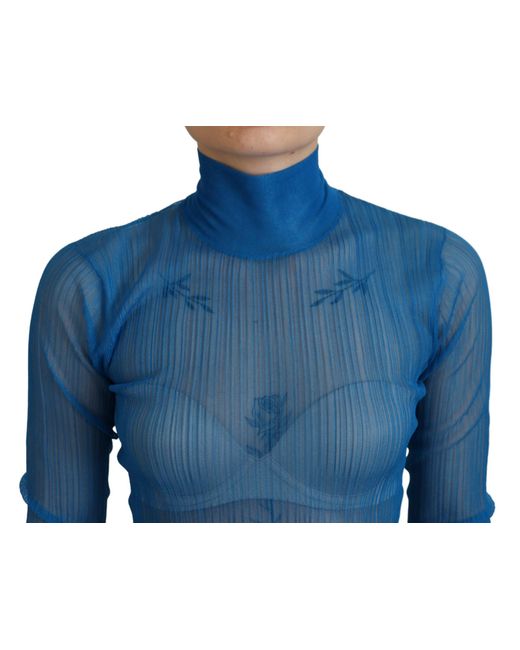 Dolce & Gabbana Blue Mesh Turtleneck Long Sleeve Blouse Top