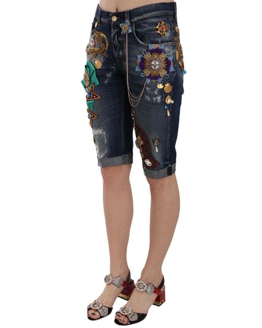 Dolce & Gabbana Black Elegant Knee-Length Embellished Denim Shorts
