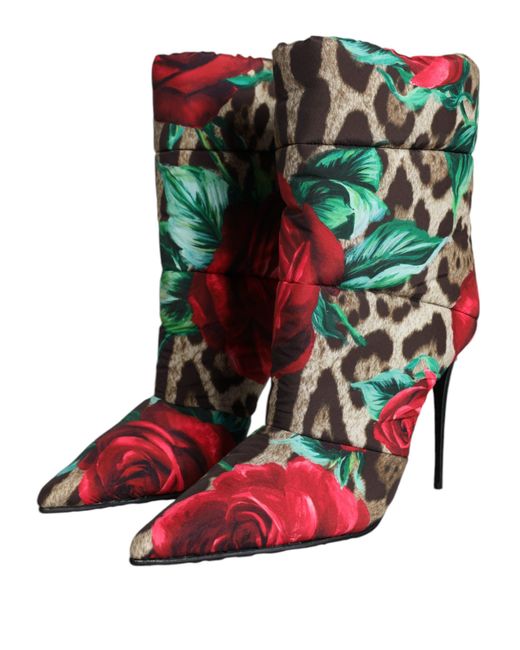 Dolce & Gabbana Green Leopard Rose Mid Calf Boots Shoes