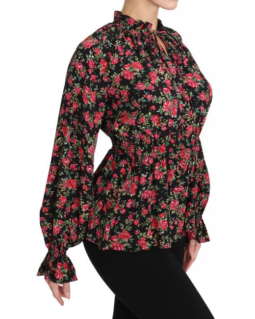 Dolce & Gabbana Black Pussy-bow Ruffled Floral-print Silk-chiffon Blouse