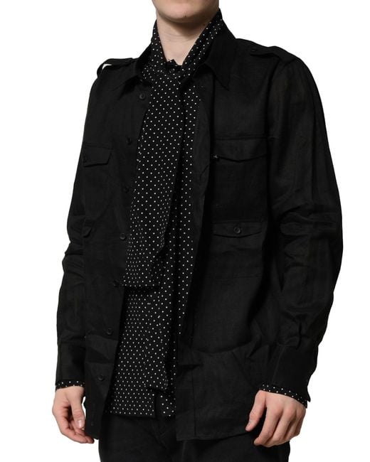 Dolce & Gabbana Black Polka Dot Collar Tie Neck Casual Shirt for men