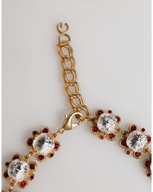 Dolce & Gabbana White Brass Fruit Pendants Flowers Crystal Logo Necklace