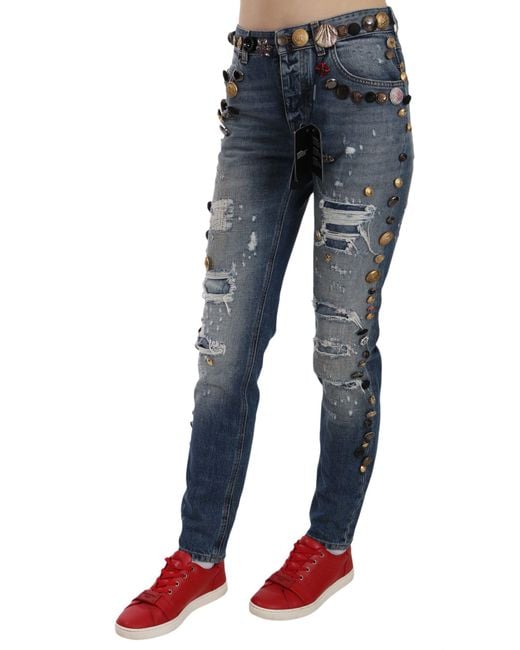 Dolce & Gabbana Blue Embellished Denim Pants With Distressed Details