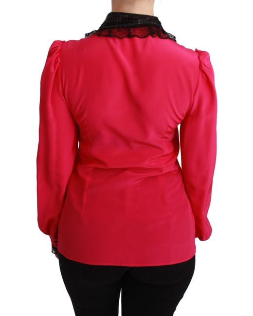 Dolce & Gabbana Red Pink Silk Black Sequin Lace Shirt Blouse