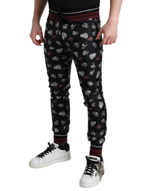 Dolce & Gabbana Black Ring Silk Jogging Trousers Pants for men