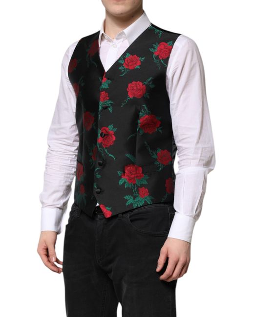 Dolce & Gabbana Black Floral Brocade Formal Waistcoat Vest for men