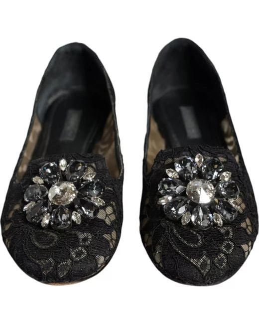 Dolce & Gabbana Black Lace Crystal Ballet Flats Loafer Shoes