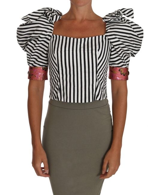 Dolce & Gabbana Dolce Gabbana White Black Striped Cropped Top Puff Sleeve Shirts
