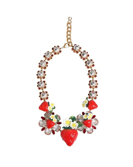 Dolce & Gabbana White Brass Fruit Pendants Flowers Crystal Logo Necklace
