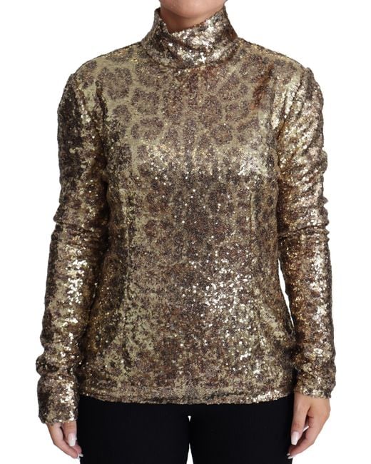 Dolce & Gabbana Brown Leopard Fit Turtleneck Sequin Sweater Polyester Clothing