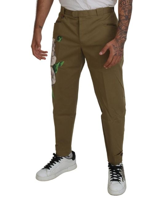 Dolce & Gabbana Green Cotton Stretch Floral Chinos Pants for men