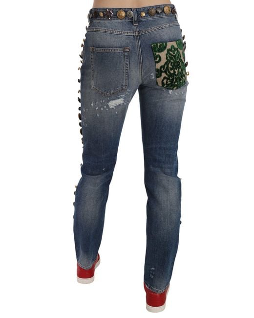 Dolce & Gabbana Blue Embellished Denim Pants With Distressed Details