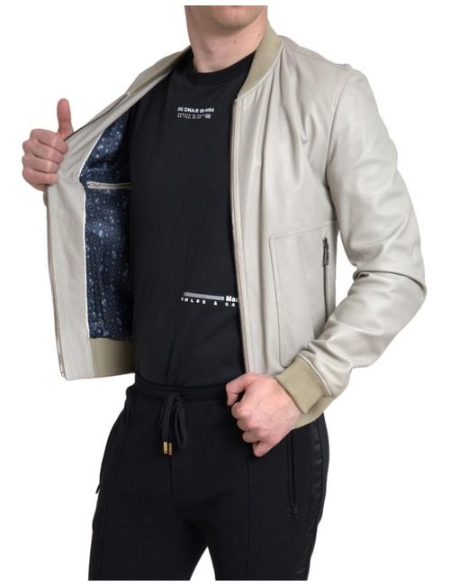 Dolce & Gabbana Gray Leather Bomber Blouson Full Zip Jacket for men