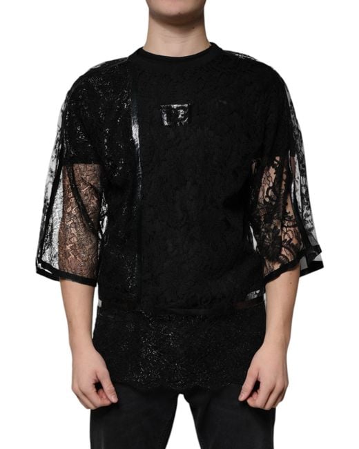 Dolce & Gabbana Black Nylon Floral Lace Crew Neck T-Shirt for men