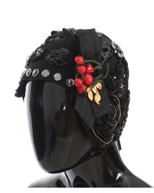 Dolce & Gabbana Black Crystal Cherries Brooch Hat