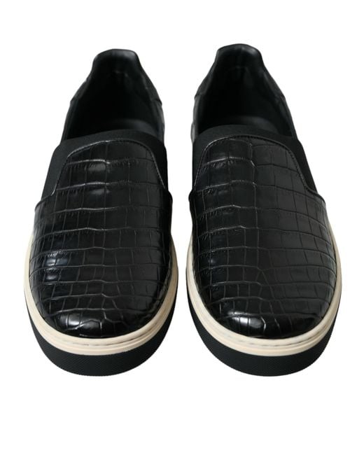 Dolce & Gabbana Black Rome Slip-on Sneakers In Crocodile Leather for men
