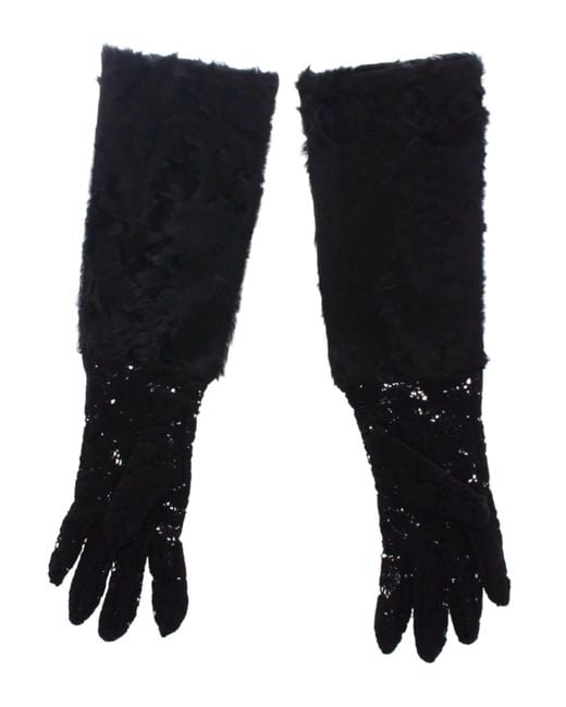Dolce & Gabbana Black Lace Wool Lambskin Fur Elbow Gloves