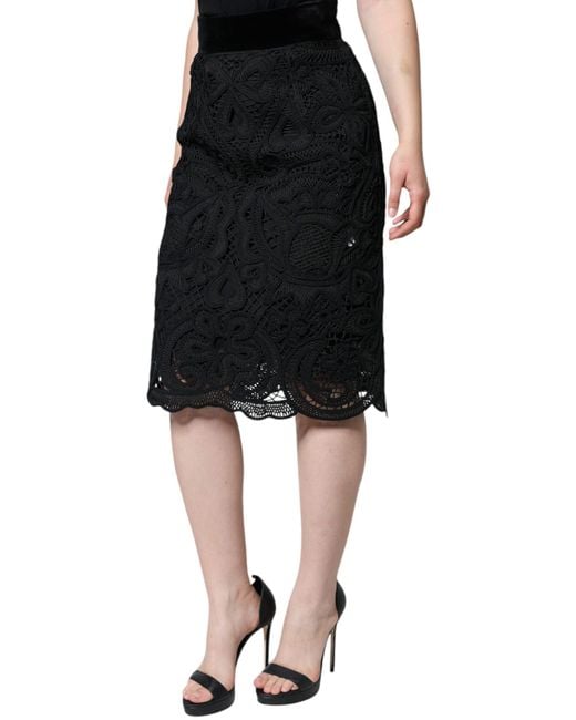Dolce & Gabbana Black Floral Lace High Waist Pencil Cut Skirt
